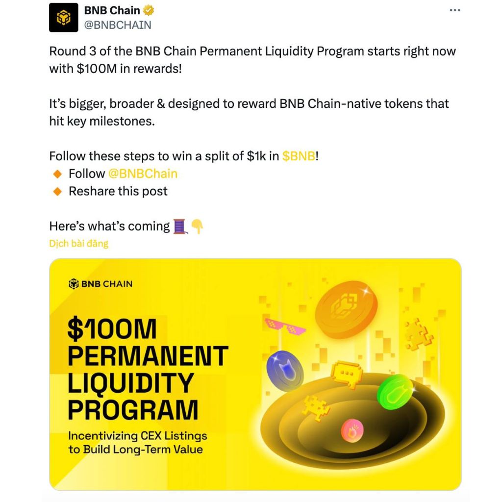 ROOMCON - Memecoin thuộc lĩnh vực DeSci tăng trưởng 1000% 3 BNB Chain ra mắt chương trình hỗ trợ thanh khoản 100 triệu USD