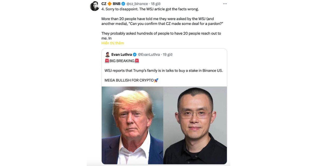 Tin đồn Trump đầu tư Binance US: CZ phủ nhận, chuyện gì đang xảy ra? 3 CZ bác bỏ tin đồn xin ân xá trừ Trump, sau báo cáo Trump đầu tư Binance US