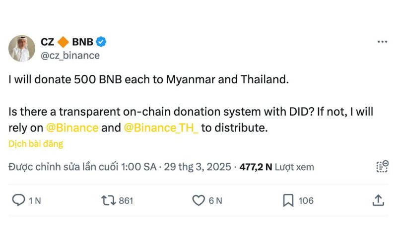 CZ quyên góp 500 BNB hỗ trợ Thái Lan và Myanmar sau động đất 7,7 độ 3 CZ quyên góp 500 BNB cho Thái Lan và Myanmar