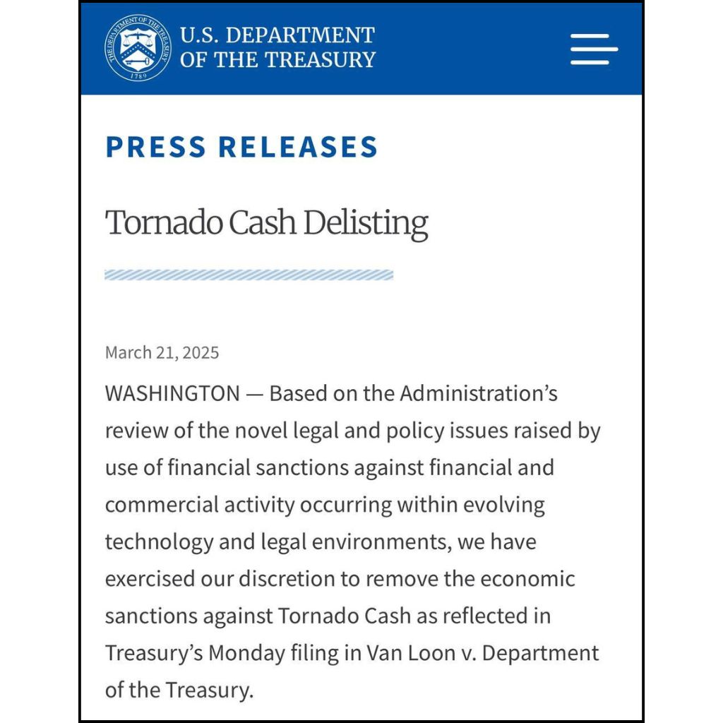 Bộ tài chính Hoa Kỳ dỡ bỏ lệnh trừng phạt Tornado Cash 3 Bộ Tài chính Hoa Kỳ quyết định gỡ bỏ Tornado Cash khỏi