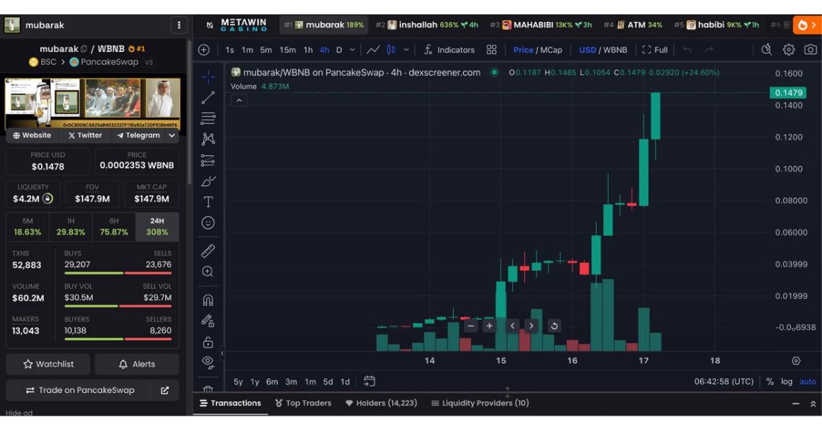 Mubarak - Memecoin gây bão khi CZ Binance công khai đầu tư 5 Mubarak chart