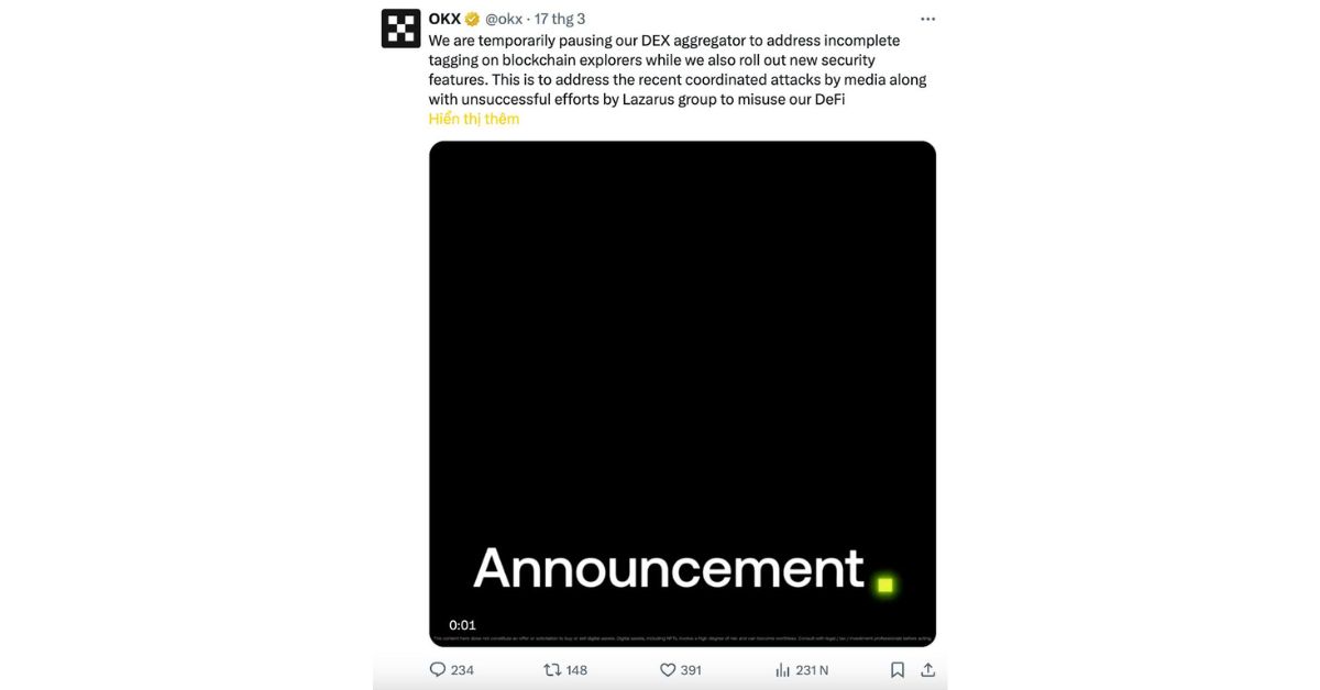 Lazarus Group nắm giữ lượng BTC khổng lồ sau vụ Hack Bybit 3 OKX thông báo dừng dịch vụ DEX aggregator