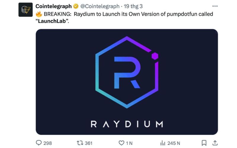 Raydium ra mắt LaunchLab: Cuộc chiến Memecoin với Pump.fun 2 Raydium ra mắt LaunchLab - Tweet của Cointelegraph