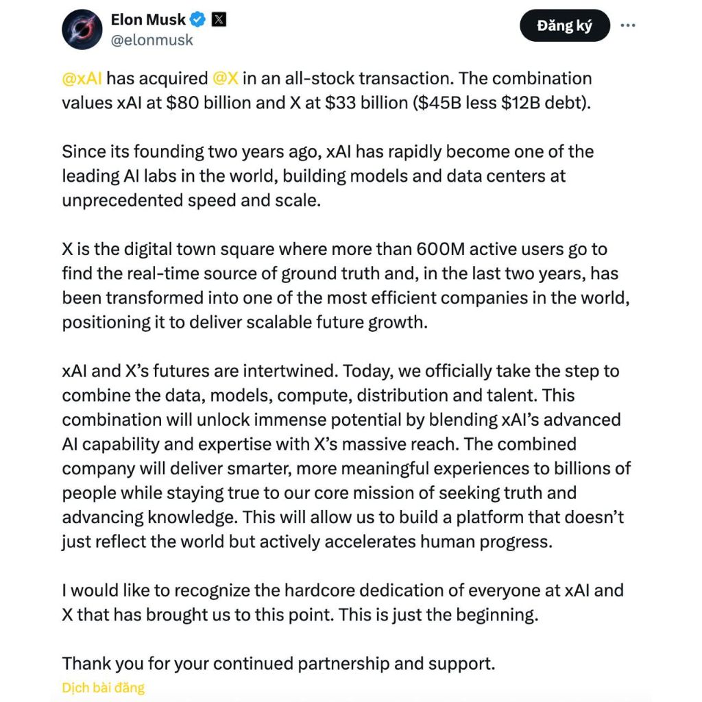 xAI mua lại X trong một thương vụ hoán đổi cổ phiếu 3 Tweet của Elon Musk