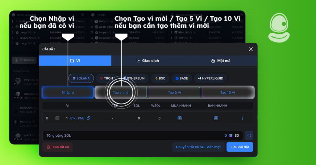 Hướng dẫn mua bán Meme Coin trên MevX 6 Chọn nhập hoặc tạo ví mới