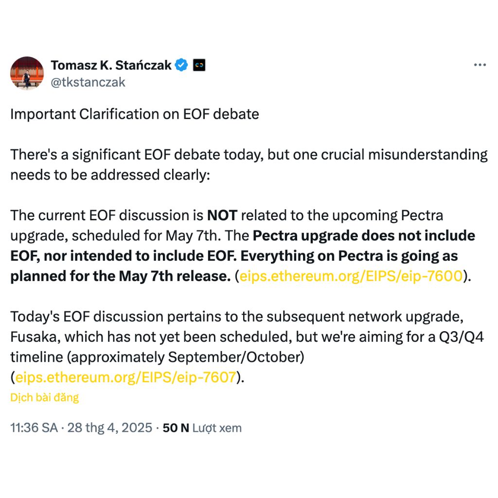 Ethereum Hard Fork Fusaka 2025: Loại bỏ EOF và tương lai mở rộng của mạng lưới 2 Tomasz Kajetan Stańczak thông báo lộ trình triển khai đợt nâng cấp mạng lưới Fusaka