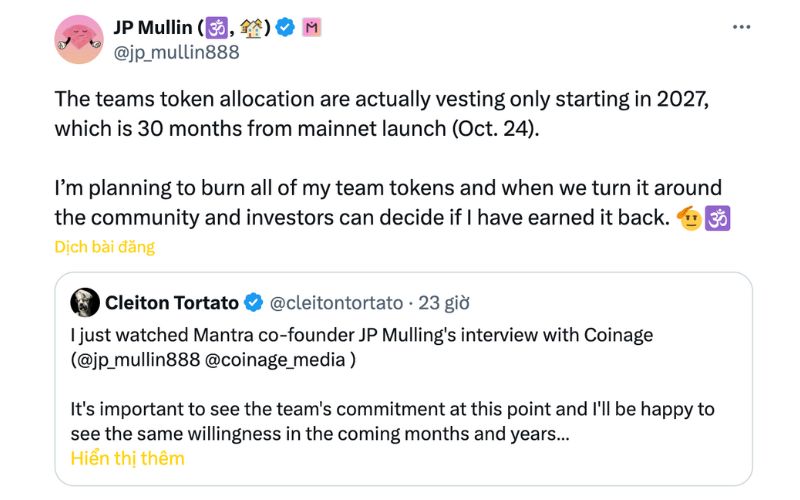 CEO Mantra tuyên bố đốt 300 triệu OM sau cú sập giá nghiêm trọng 2 Mullin tuyên bố sẽ đốt toàn bộ 300 triệu token OM thuộc về đội ngũ