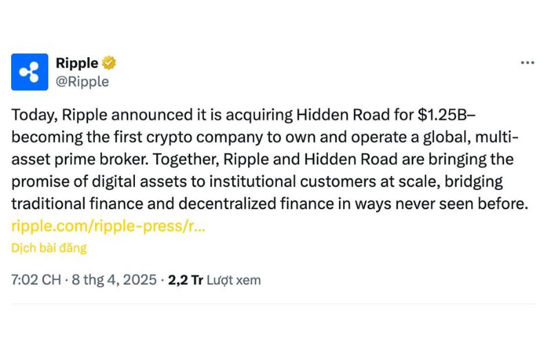 Daily Recap - 09/04/2025: Ripple chi 1,25 tỷ USD mua lại Hidden Road, $RFC đạt ATH mới 2 Ripple mua lại Hidden Road với 1,25 tỷ USD
