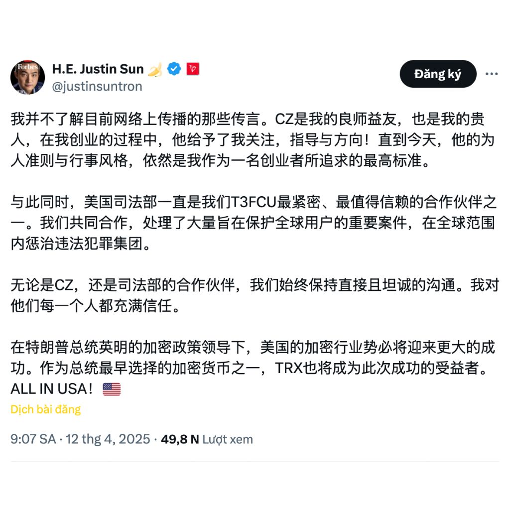 Daily Recap - 12/04/2025: Trung Quốc tăng thuế trả đũa Mỹ lên đến 125%, Memecoin chính trị lên ngôi 3 Justin Sun phủ nhận tin đồn (Nguồn: X)