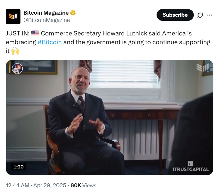 Mỹ ủng hộ Bitcoin: Bước ngoặt lịch sử định hình thị trường tiền mã hóa 2 Bộ trưởng Thương mại Hoa Kỳ, khẳng định: “Mỹ đang đón nhận Bitcoin và chính phủ sẽ tiếp tục hỗ trợ nó.”