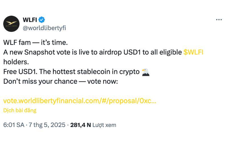 World Liberty Financial tiến hành bỏ phiếu đề xuất thử nghiệm Airdrop Stablecoin USD1 2 Airdrop USD1