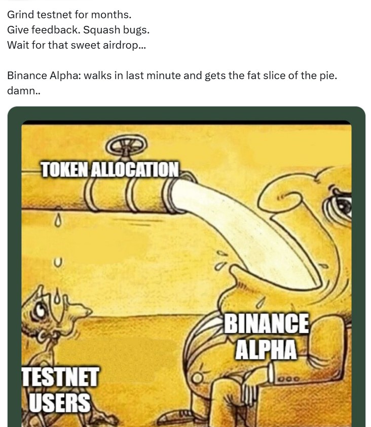 Binance Alpha: Kẻ đến sau chiếm hết phần thưởng Airdrop của cộng đồng Testnet! 2 Hình ảnh minh họa từ bài đăng của @satyaXBT trên X, thể hiện sự bất công trong phân bổ token airdrop.