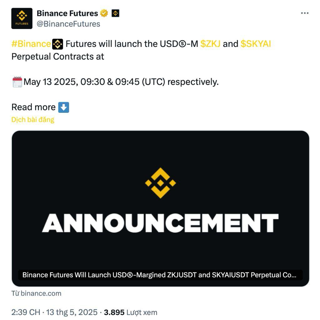Binance Futures niêm yết ZKJ và SKYAI 2 Binance Futures niêm yết ZKJ và SKYA