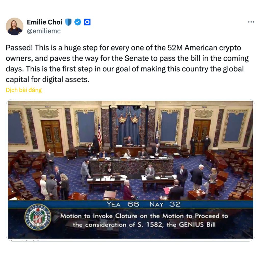 Dự luật Stablecoin GENIUS bất ngờ vượt qua thủ tục Thượng viện Mỹ 2 Dự luật GENIUS được 66 phiếu thuận