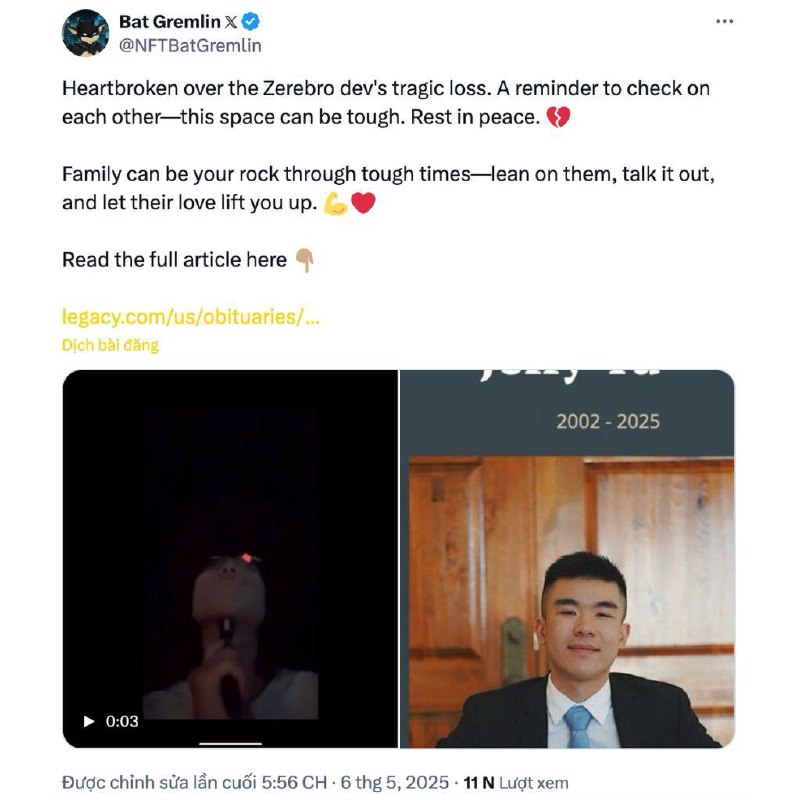 Jeffy Yu - Nhà sáng lập Zerebro bị nghi giả chết để xả token và "thoát thân" 2 Jeffy Yu tự vẫn trên livestream