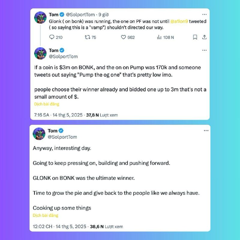 $GLONK: Memecoin trung tâm trong cuộc chiến giữa Pump.fun và Letsbonk.fun 3 Tom liên tục khẳng định GLONK trên Bonk chiến thắng